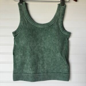 Zenana Ribbed Acid Wash Cropped‎ Tank Top Green S/M Athletic Athleisure Workout